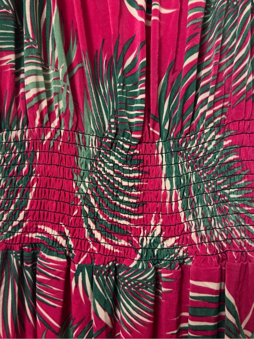 Magenta Pink Tropical Palm Leaf Smocked Waist Sundress XL Short Sleeve Ruffle - Picture 5 of 8